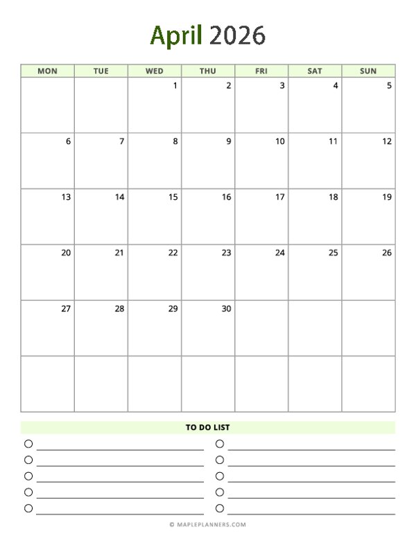 April 2026 Calendar - Vertical, Monday Start
