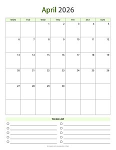 April 2026 Calendar - Vertical, Monday Start