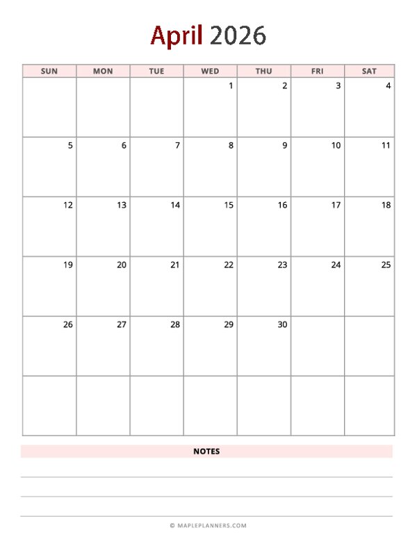 April 2026 Calendar - Vertical, Sunday Start