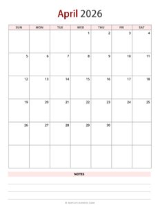 April 2026 Calendar - Vertical, Sunday Start