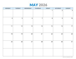 May 2026 Calendar - Horizontal Layout - Monday Start