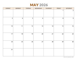 May 2026 Calendar - Horizontal, Sunday Start
