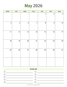 May 2026 Calendar - Vertical, Monday Start