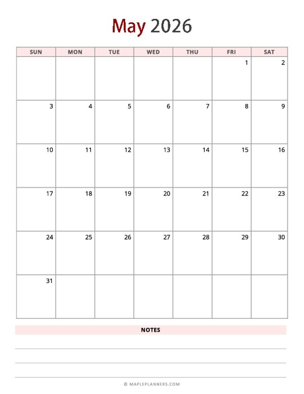 May 2026 Calendar - Vertical, Sunday Start