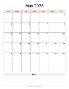 May 2026 Calendar - Vertical, Sunday Start