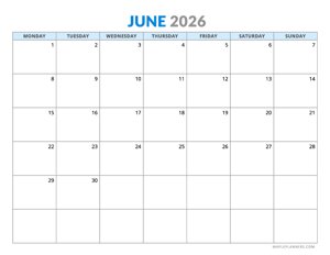 June 2026 Calendar - Horizontal Layout - Monday Start