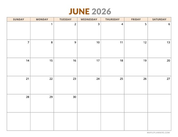 June 2026 Calendar - Horizontal, Sunday Start