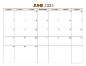 June 2026 Calendar - Horizontal, Sunday Start