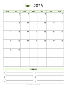 June 2026 Calendar - Vertical, Monday Start