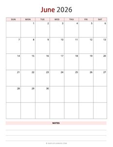 June 2026 Calendar - Vertical, Sunday Start