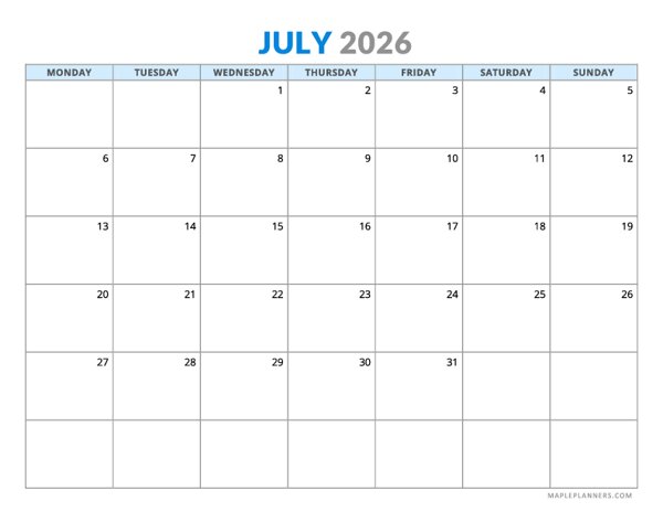 July 2026 Calendar - Horizontal Layout - Monday Start