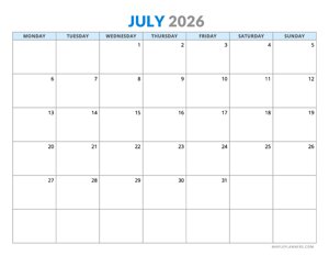 July 2026 Calendar - Horizontal Layout - Monday Start