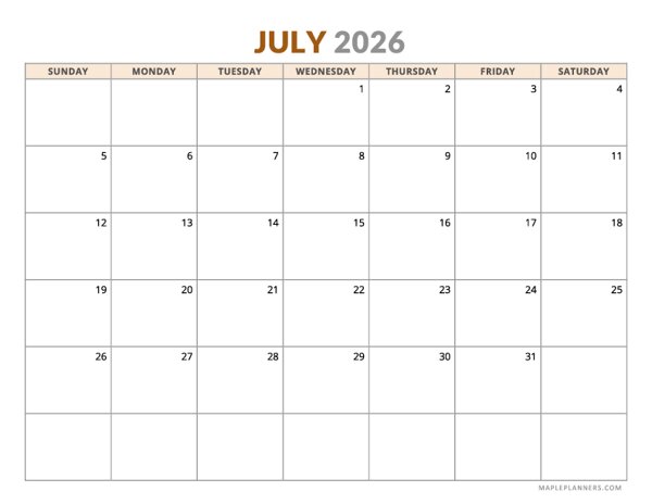 July 2026 Calendar - Horizontal, Sunday Start