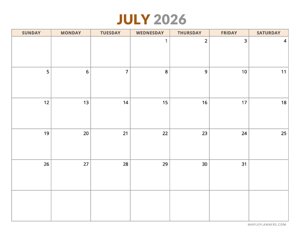 July 2026 Calendar - Horizontal, Sunday Start