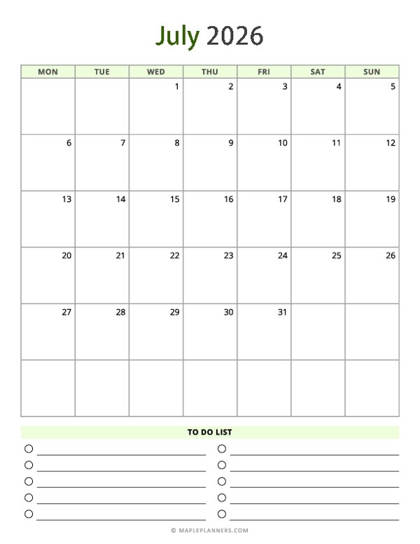 July 2026 Calendar - Vertical, Monday Start