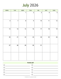 July 2026 Calendar - Vertical, Monday Start