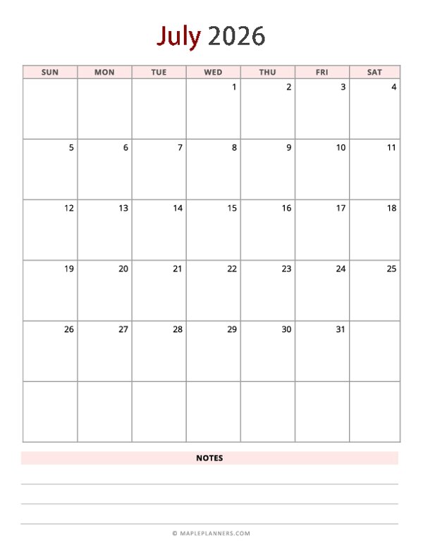 July 2026 Calendar - Vertical, Sunday Start