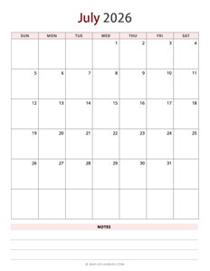 July 2026 Calendar - Vertical, Sunday Start