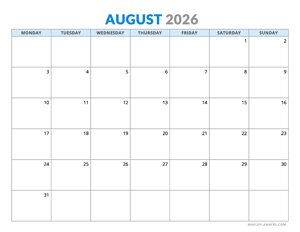 August 2026 Calendar - Horizontal Layout - Monday Start
