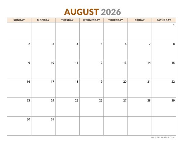 August 2026 Calendar - Horizontal, Sunday Start