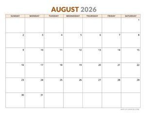 August 2026 Calendar - Horizontal, Sunday Start