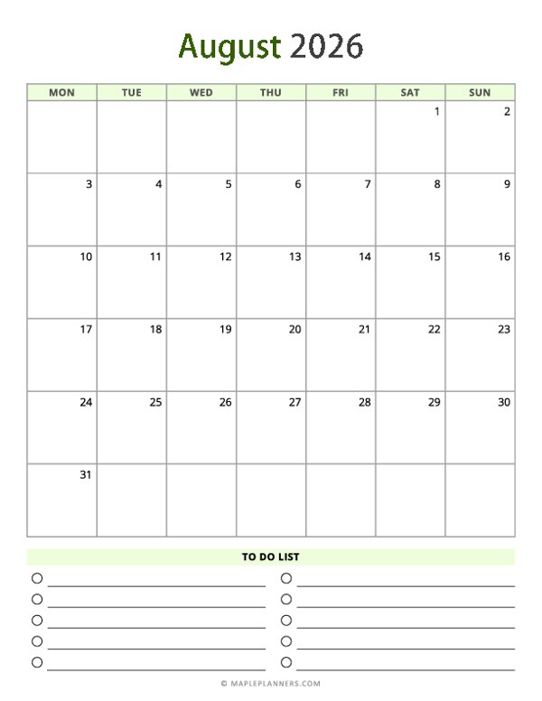 August 2026 Calendar - Vertical, Monday Start