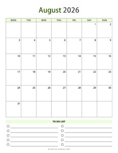 August 2026 Calendar - Vertical, Monday Start