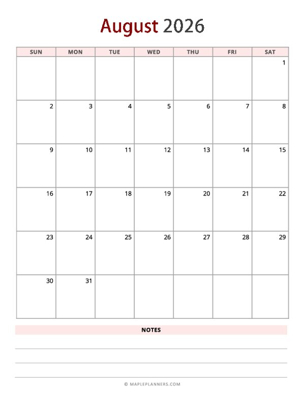 August 2026 Calendar - Vertical, Sunday Start