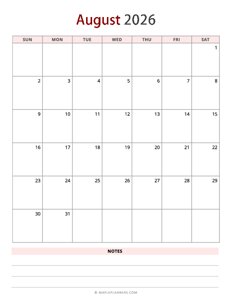 August 2026 Calendar - Vertical, Sunday Start