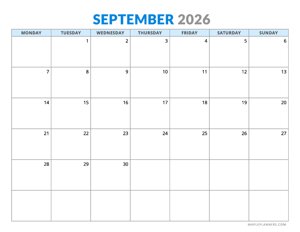 September 2026 Calendar - Horizontal Layout - Monday Start