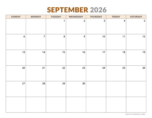September 2026 Calendar - Horizontal, Sunday Start