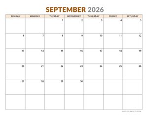 September 2026 Calendar - Horizontal, Sunday Start