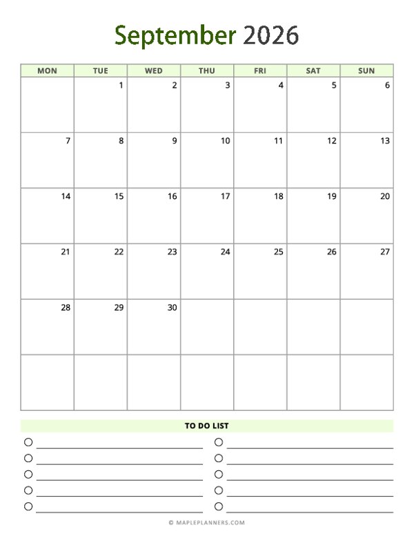 September 2026 Calendar - Vertical, Monday Start