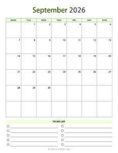 September 2026 Calendar - Vertical, Monday Start