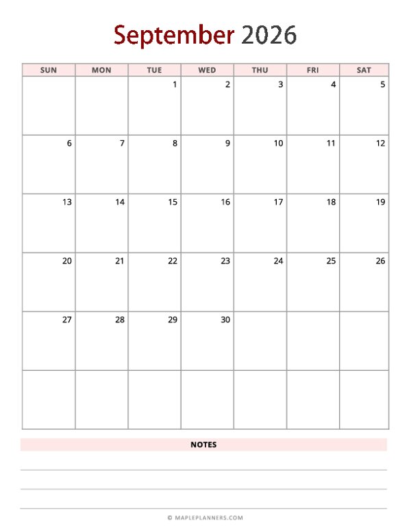 September 2026 Calendar - Vertical, Sunday Start