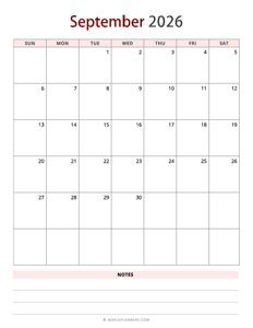 September 2026 Calendar - Vertical, Sunday Start