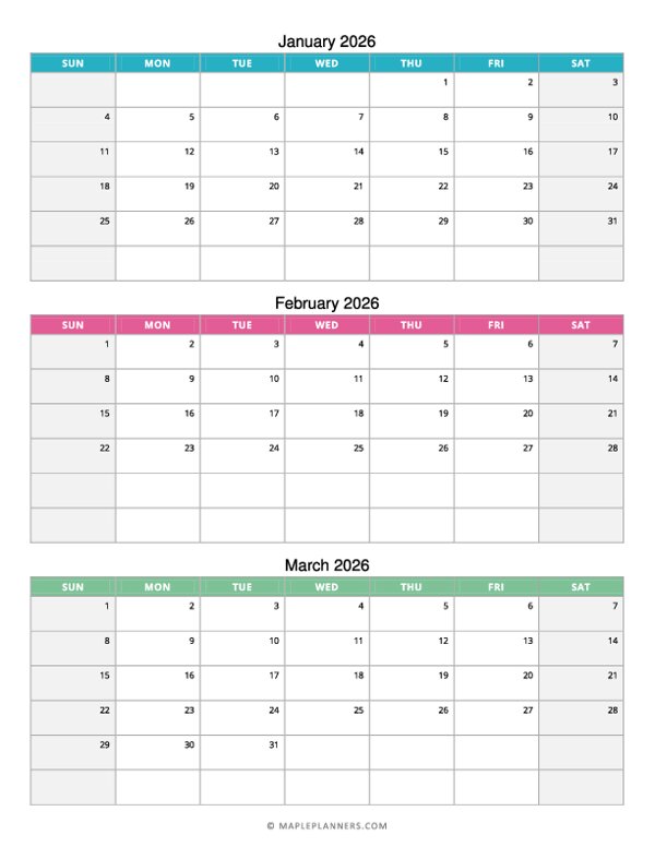 Quarterly Calendar 2026: January, February and March