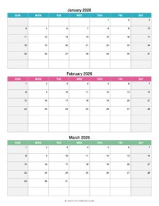 Quarterly Calendar 2026: January, February and March