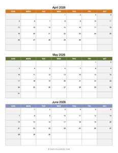 Quarterly Calendar 2026: April, May and June