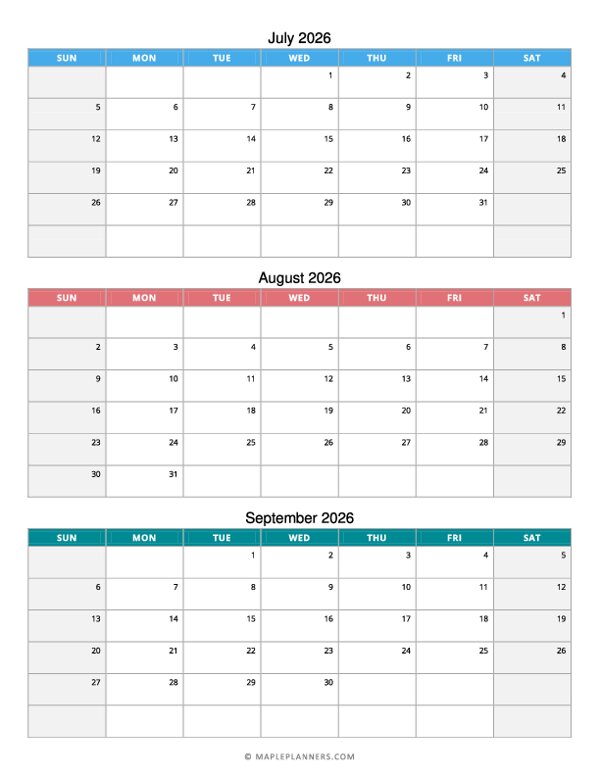 Quarterly Calendar 2026: July, August and September