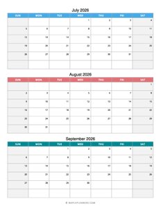 Quarterly Calendar 2026: July, August and September