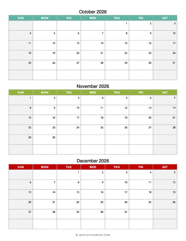 Quarterly Calendar 2026: October, November and December