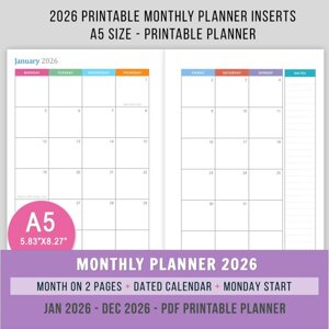 A5 2026 Monthly Planner - Monday Start