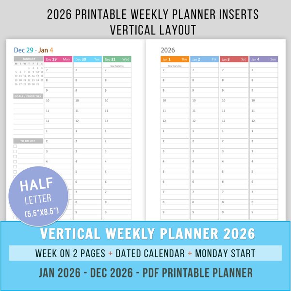 2026 Hourly Weekly Planner - Half Letter - Monday Start