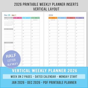2026 Hourly Weekly Planner - Half Letter - Monday Start
