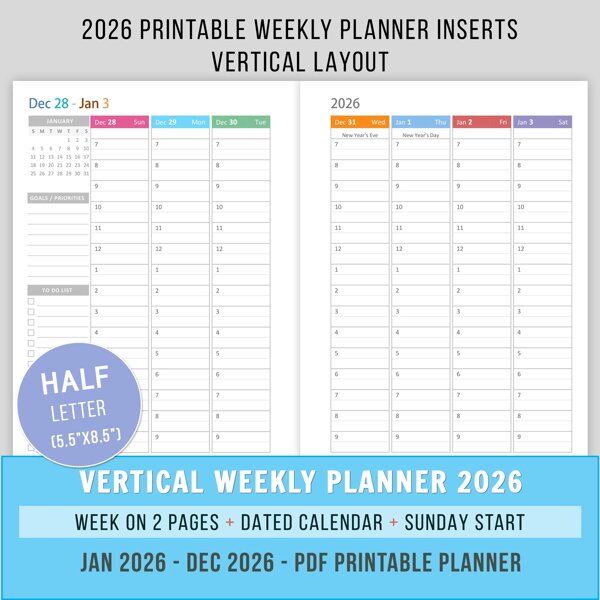 2026 Hourly Weekly Planner - Half Letter - Sunday Start
