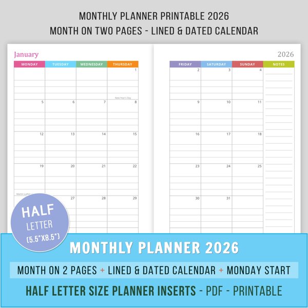 2026 Monthly Planner - Half Letter - Monday Start