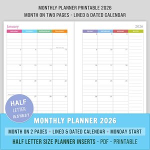 2026 Monthly Planner - Half Letter - Monday Start