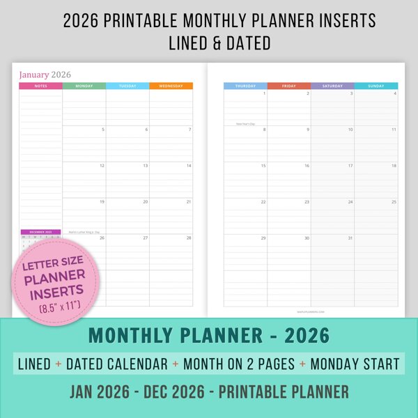 2026 Monthly Planner Printable - Monday Start