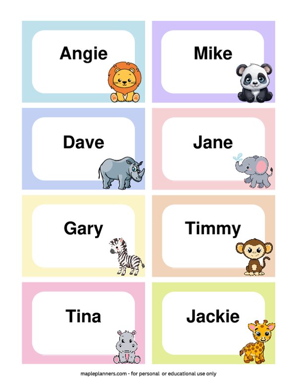 Jungle Animal Name Tags